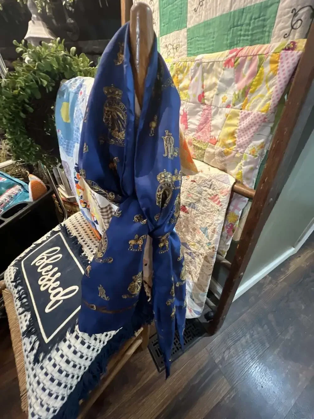 Lauren Ralph Lauren Royal Blue Crest and Equestrian Belt Print Scarf
